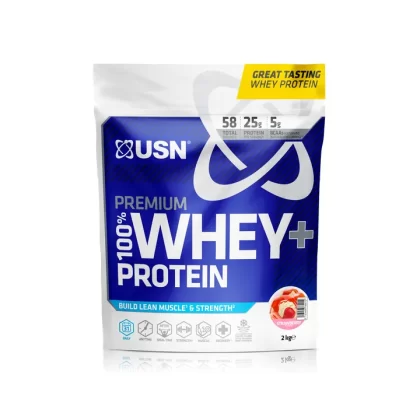 USN 100% Premium Whey + Protein 2kg Bag Strawberry, Premium Whey Protein Powder, Scientifically-formulated, High Protein Post-Workout Powder Supplement with Added BCAAs