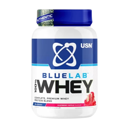 USN UK Blue Lab Whey Raspberry Ripple 908g, Premium Whey Protein Powder, Scientifically-formulated, High Protein Post-Workout Powder Supplement with Added BCAAs